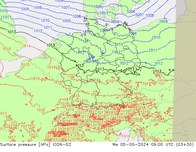 Surface pressure ICON-D2 We 05.06.2024 09 UTC