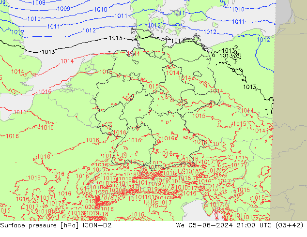 pressão do solo ICON-D2 Qua 05.06.2024 21 UTC