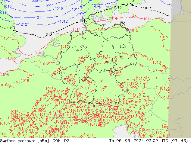 Pressione al suolo ICON-D2 gio 06.06.2024 03 UTC