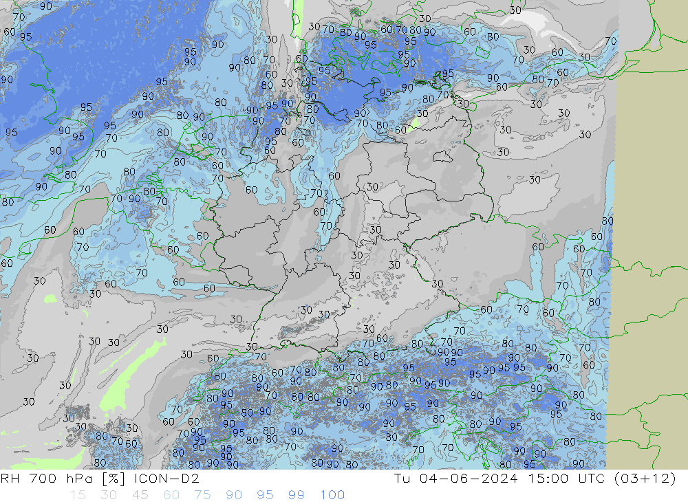 RH 700 hPa ICON-D2 星期二 04.06.2024 15 UTC