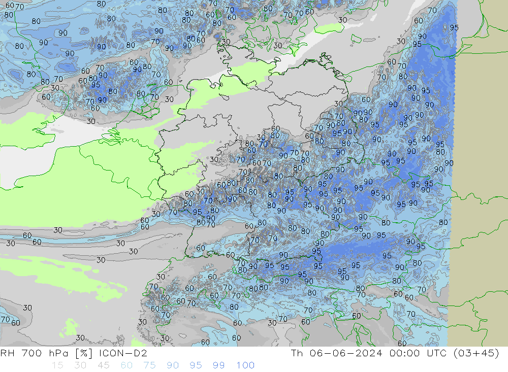 Humedad rel. 700hPa ICON-D2 jue 06.06.2024 00 UTC