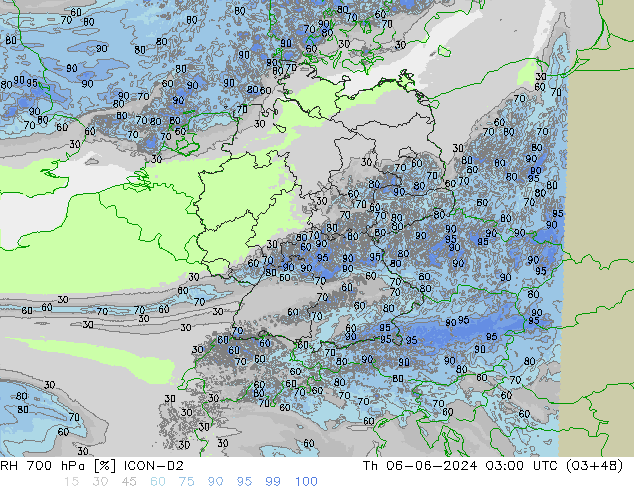 RH 700 hPa ICON-D2 Qui 06.06.2024 03 UTC