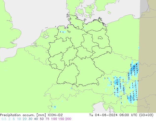 Precipitation accum. ICON-D2 вт 04.06.2024 06 UTC