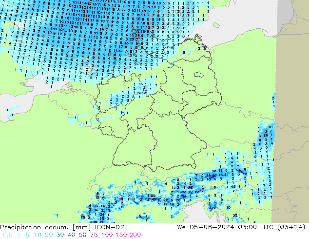 Precipitation accum. ICON-D2 星期三 05.06.2024 03 UTC