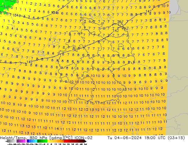 Yükseklik/Sıc. 850 hPa ICON-D2 Sa 04.06.2024 18 UTC