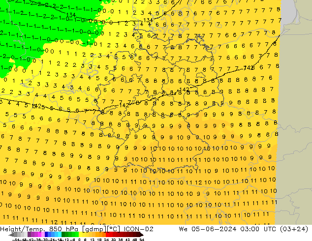 Height/Temp. 850 hPa ICON-D2 mer 05.06.2024 03 UTC