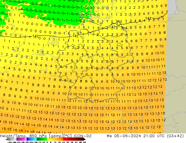 Geop./Temp. 850 hPa ICON-D2 mié 05.06.2024 21 UTC