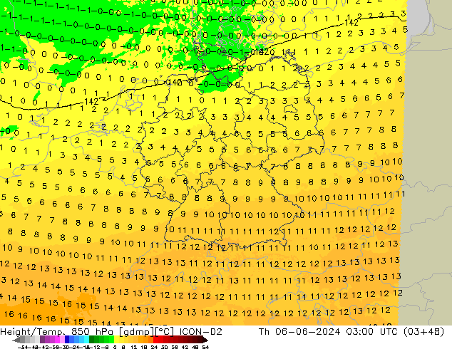 Height/Temp. 850 hPa ICON-D2 czw. 06.06.2024 03 UTC