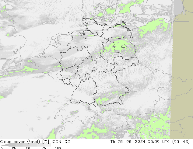 Cloud cover (total) ICON-D2 Th 06.06.2024 03 UTC