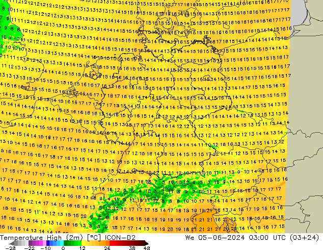 Max.temperatuur (2m) ICON-D2 wo 05.06.2024 03 UTC