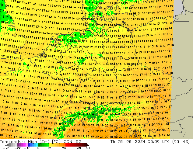 Темпер. макс 2т ICON-D2 чт 06.06.2024 03 UTC