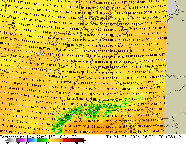 Temperature Low (2m) ICON-D2 Tu 04.06.2024 15 UTC