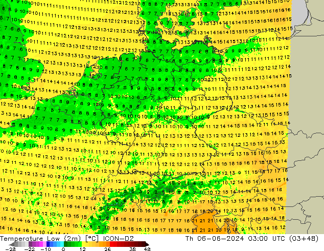 Temperature Low (2m) ICON-D2 Th 06.06.2024 03 UTC