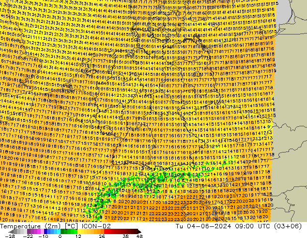 Temperature (2m) ICON-D2 Út 04.06.2024 09 UTC