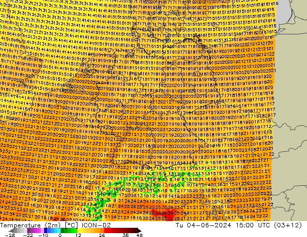 Temperature (2m) ICON-D2 Tu 04.06.2024 15 UTC