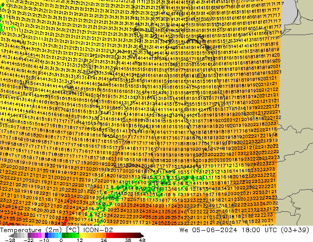 Temperatura (2m) ICON-D2 mié 05.06.2024 18 UTC