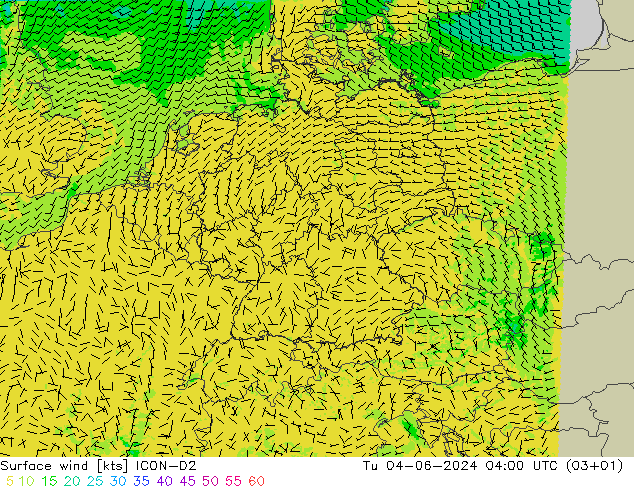 Surface wind ICON-D2 Tu 04.06.2024 04 UTC