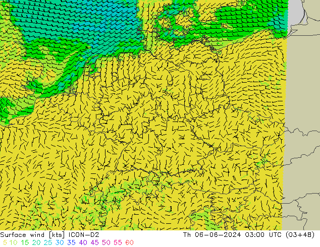 Surface wind ICON-D2 Th 06.06.2024 03 UTC