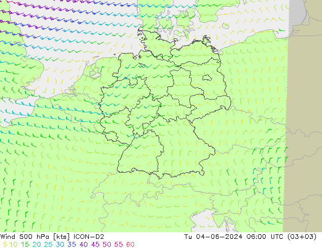 Wind 500 hPa ICON-D2 Út 04.06.2024 06 UTC