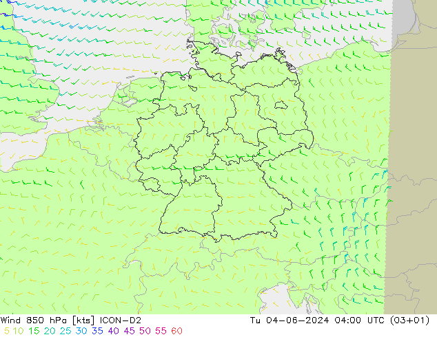 Wind 850 hPa ICON-D2 Tu 04.06.2024 04 UTC