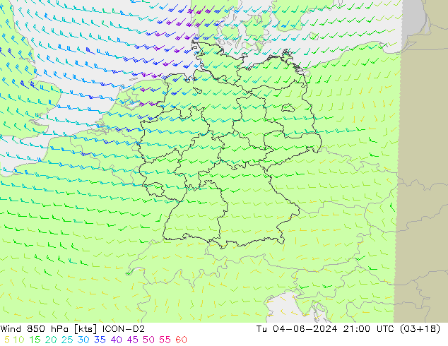 wiatr 850 hPa ICON-D2 wto. 04.06.2024 21 UTC