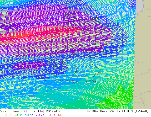 Streamlines 300 hPa ICON-D2 Čt 06.06.2024 03 UTC