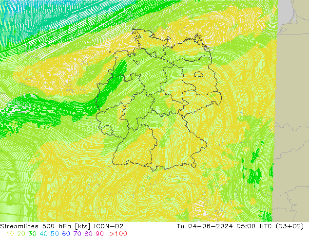 Línea de corriente 500 hPa ICON-D2 mar 04.06.2024 05 UTC