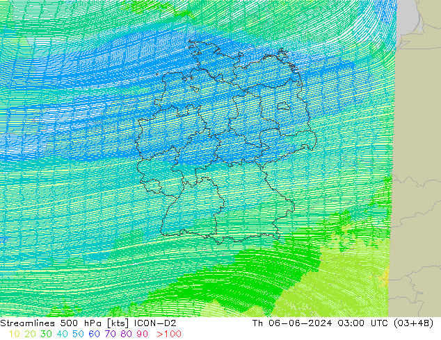 Linia prądu 500 hPa ICON-D2 czw. 06.06.2024 03 UTC