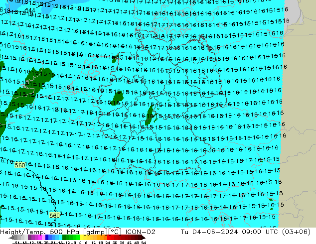 Géop./Temp. 500 hPa ICON-D2 mar 04.06.2024 09 UTC