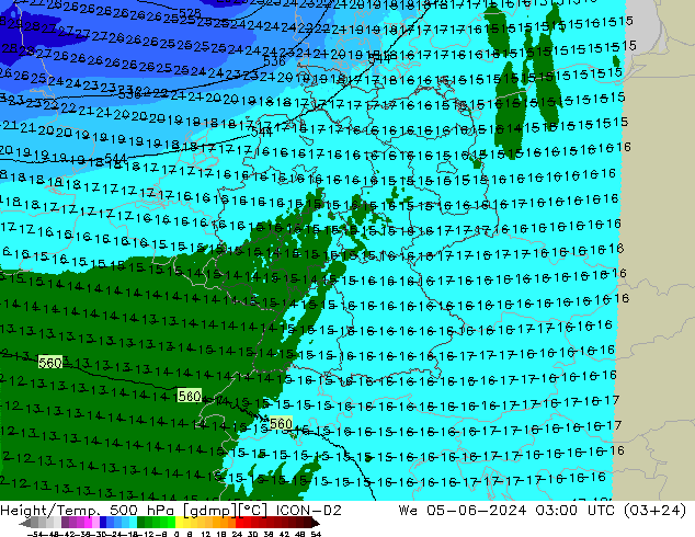 Height/Temp. 500 hPa ICON-D2 śro. 05.06.2024 03 UTC