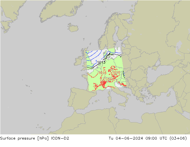 Surface pressure ICON-D2 Tu 04.06.2024 09 UTC