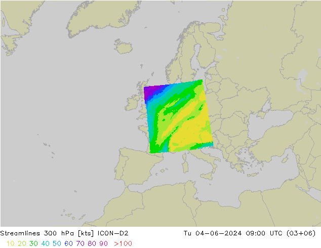 风 300 hPa ICON-D2 星期二 04.06.2024 09 UTC