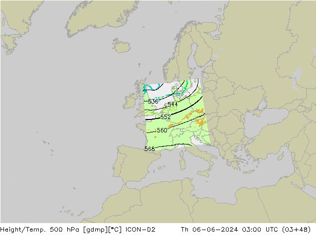 Hoogte/Temp. 500 hPa ICON-D2 do 06.06.2024 03 UTC