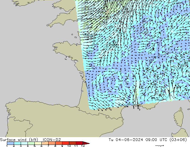 Bodenwind (bft) ICON-D2 Di 04.06.2024 09 UTC