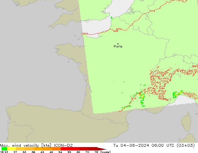 Maks. Rüzgar Hızı ICON-D2 Sa 04.06.2024 06 UTC