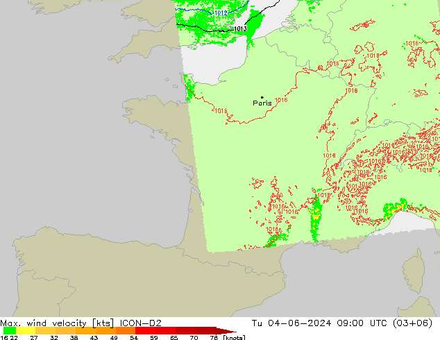 Maks. Rüzgar Hızı ICON-D2 Sa 04.06.2024 09 UTC