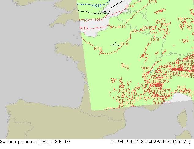 Atmosférický tlak ICON-D2 Út 04.06.2024 09 UTC