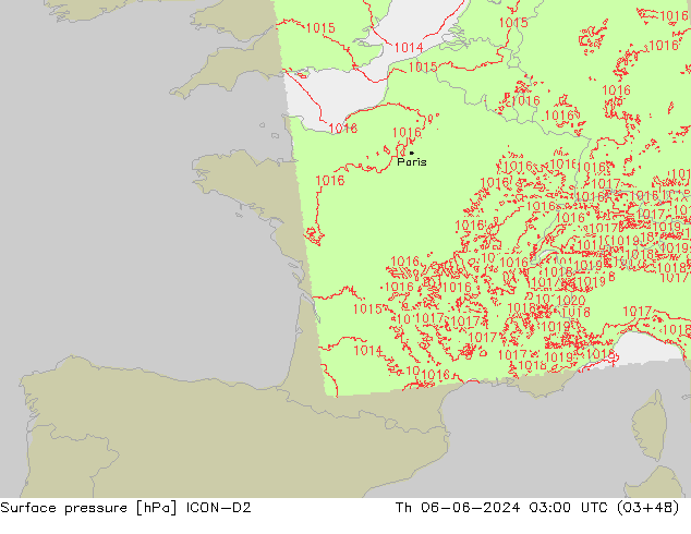 Surface pressure ICON-D2 Th 06.06.2024 03 UTC