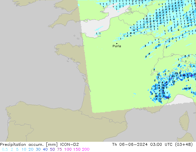 Precipitation accum. ICON-D2 czw. 06.06.2024 03 UTC