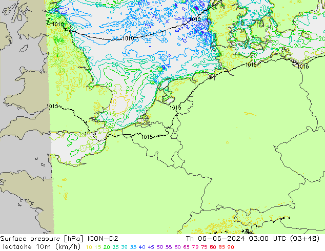 Isotachs (kph) ICON-D2 jeu 06.06.2024 03 UTC