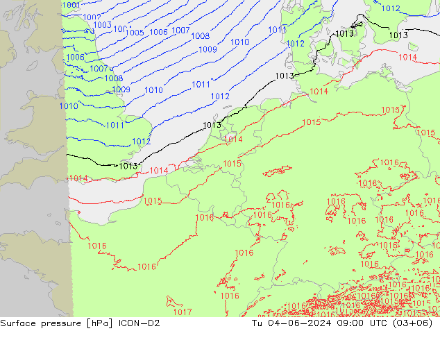 Pressione al suolo ICON-D2 mar 04.06.2024 09 UTC