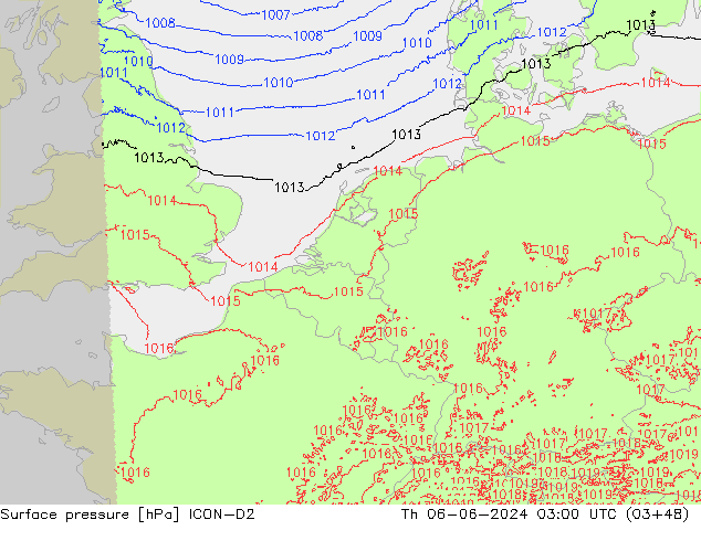 Atmosférický tlak ICON-D2 Čt 06.06.2024 03 UTC
