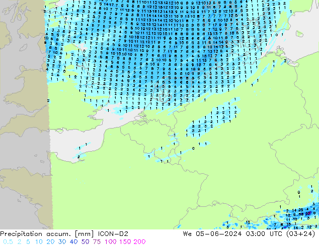 Precipitation accum. ICON-D2 We 05.06.2024 03 UTC