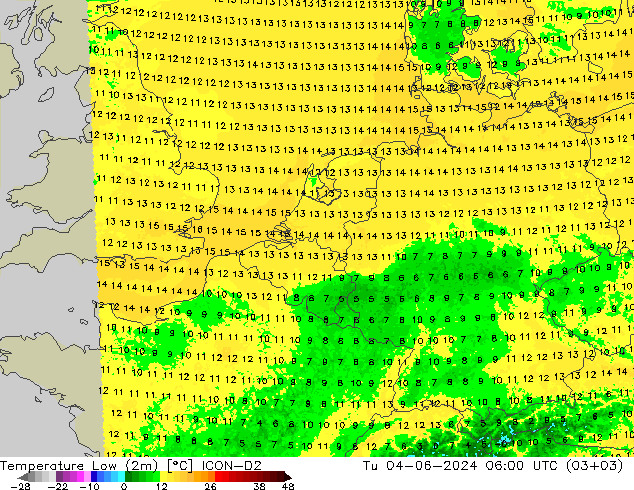 Nejnižší teplota (2m) ICON-D2 Út 04.06.2024 06 UTC