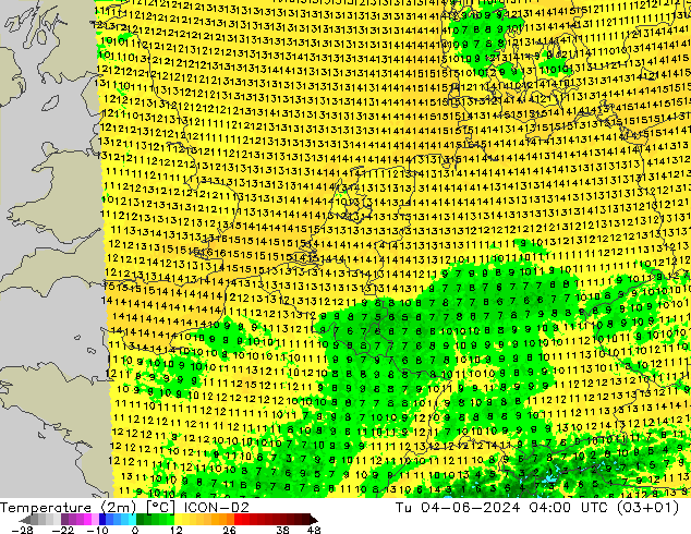 Temperatuurkaart (2m) ICON-D2 di 04.06.2024 04 UTC