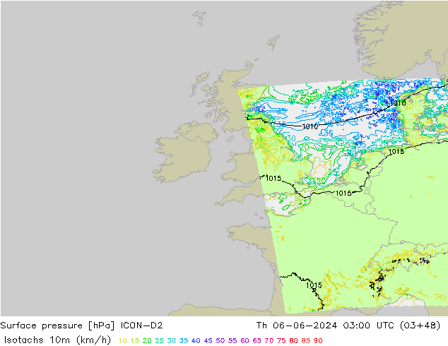 Isotachs (kph) ICON-D2 Th 06.06.2024 03 UTC