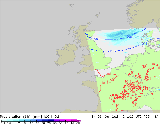 Precipitation (6h) ICON-D2 Th 06.06.2024 03 UTC