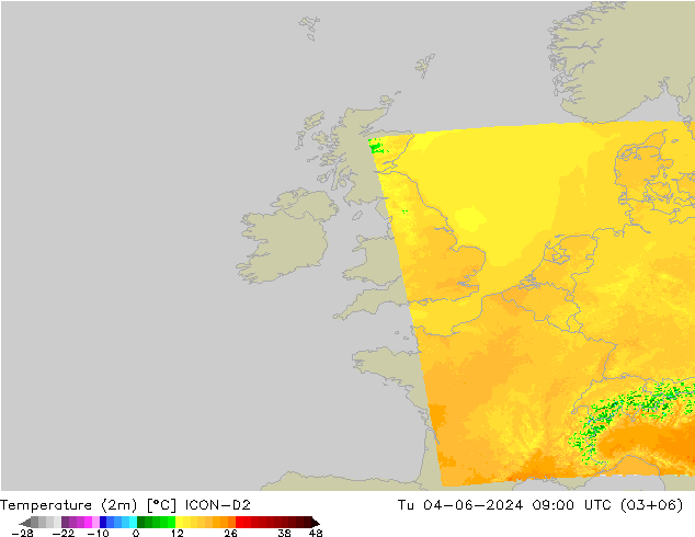 Temperature (2m) ICON-D2 Tu 04.06.2024 09 UTC