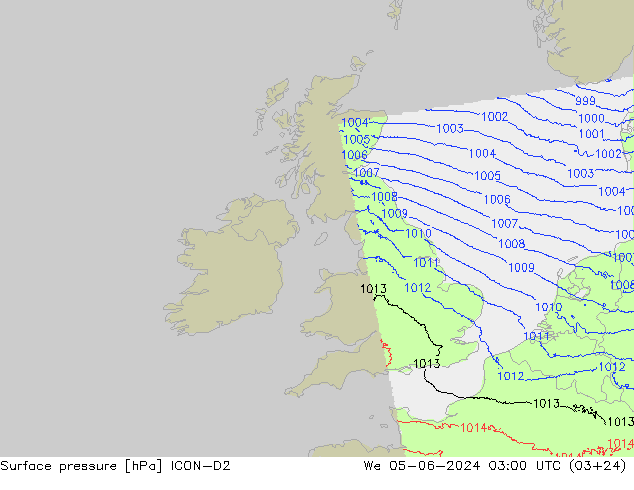 Pressione al suolo ICON-D2 mer 05.06.2024 03 UTC