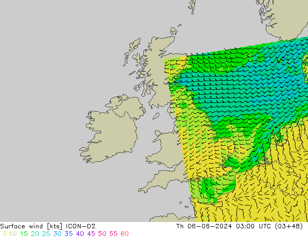 wiatr 10 m ICON-D2 czw. 06.06.2024 03 UTC